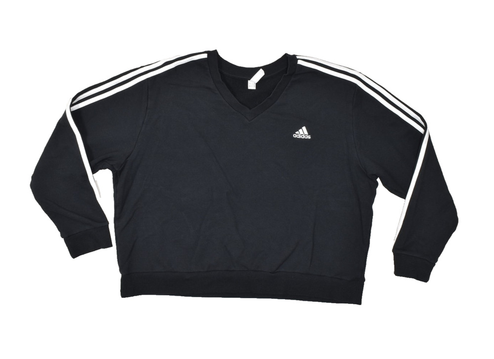 Adidas Women's Plus Size 2XL Black V-Neck 3-Stripe Fleece Sweatshirt Pullover